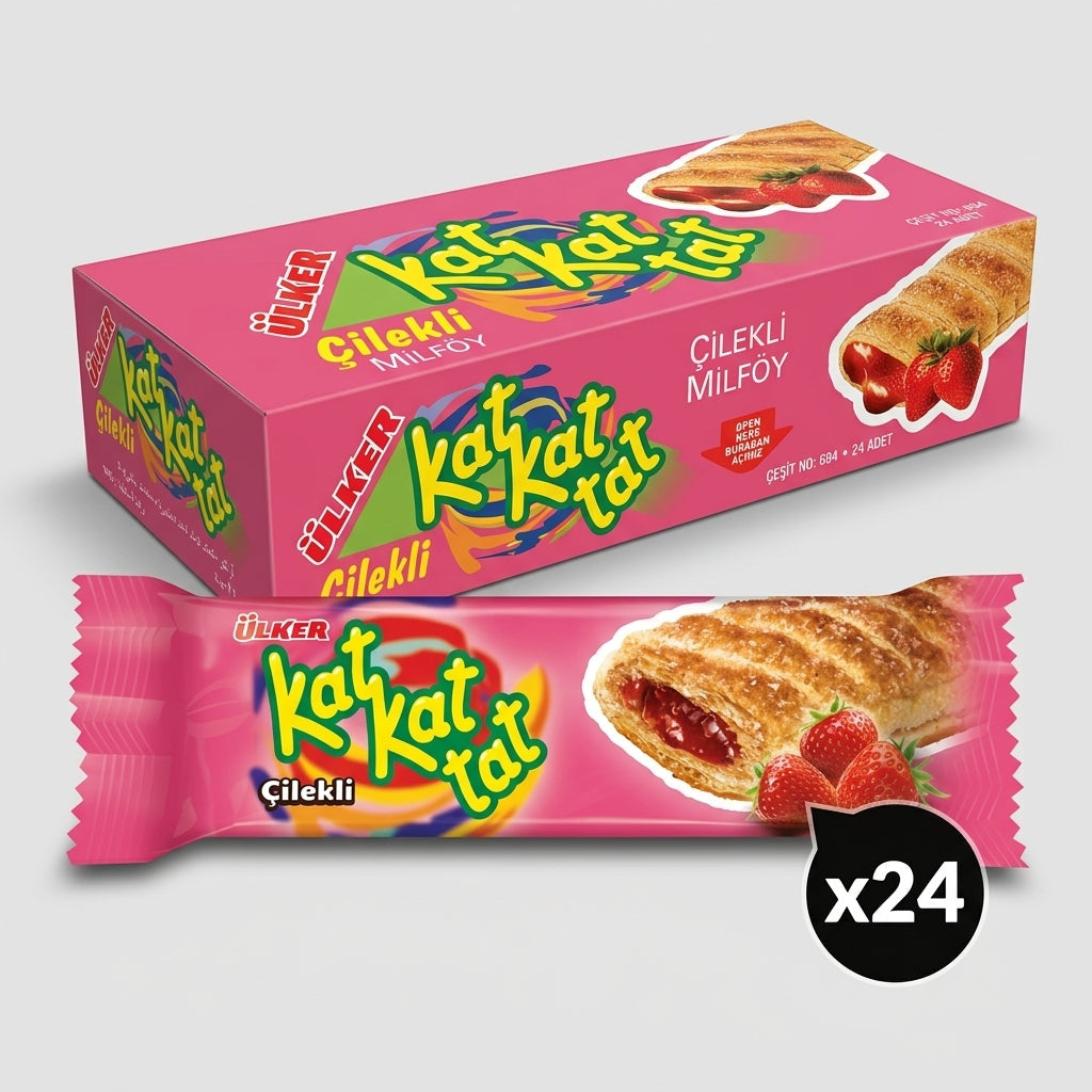 Kat Kat Tat Crispy Puff Pastry with Strawberry Filling - 28g x 24 Pieces