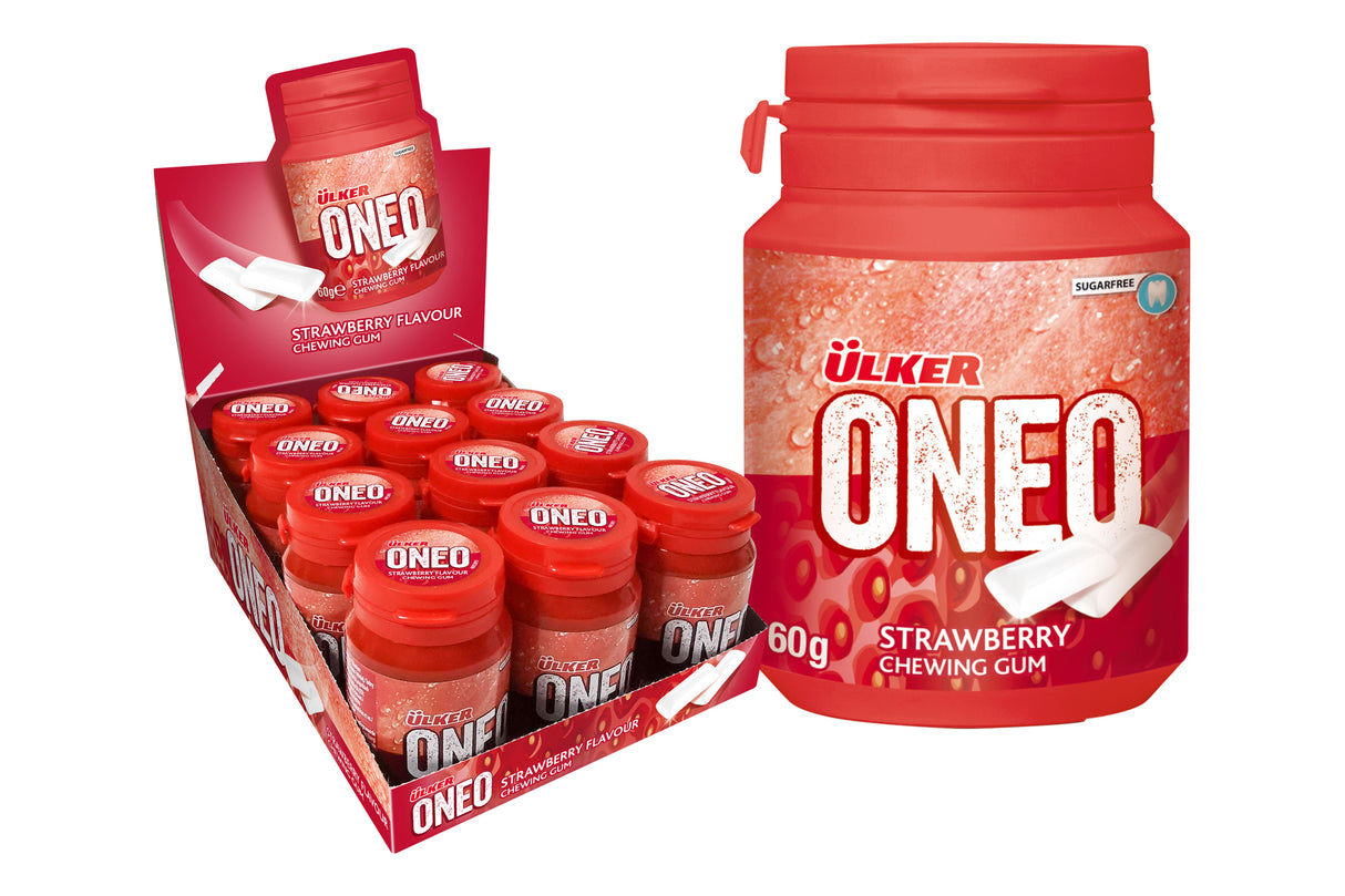 Strawberry Flavored Bottle Shaped Chewing Gum Dragees - 1 Case - 12 Packs x 60g Each