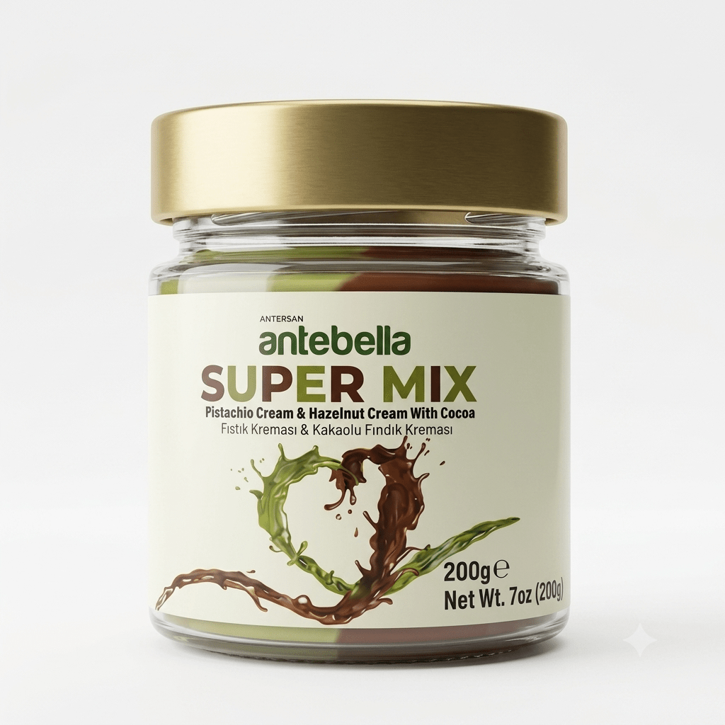 Antebella Supermix (%15 Pistachio & %13 Cocoa Hazelnut) – 1 Box - 12 Jars x 200 g Glass Jar - Aladdin Business