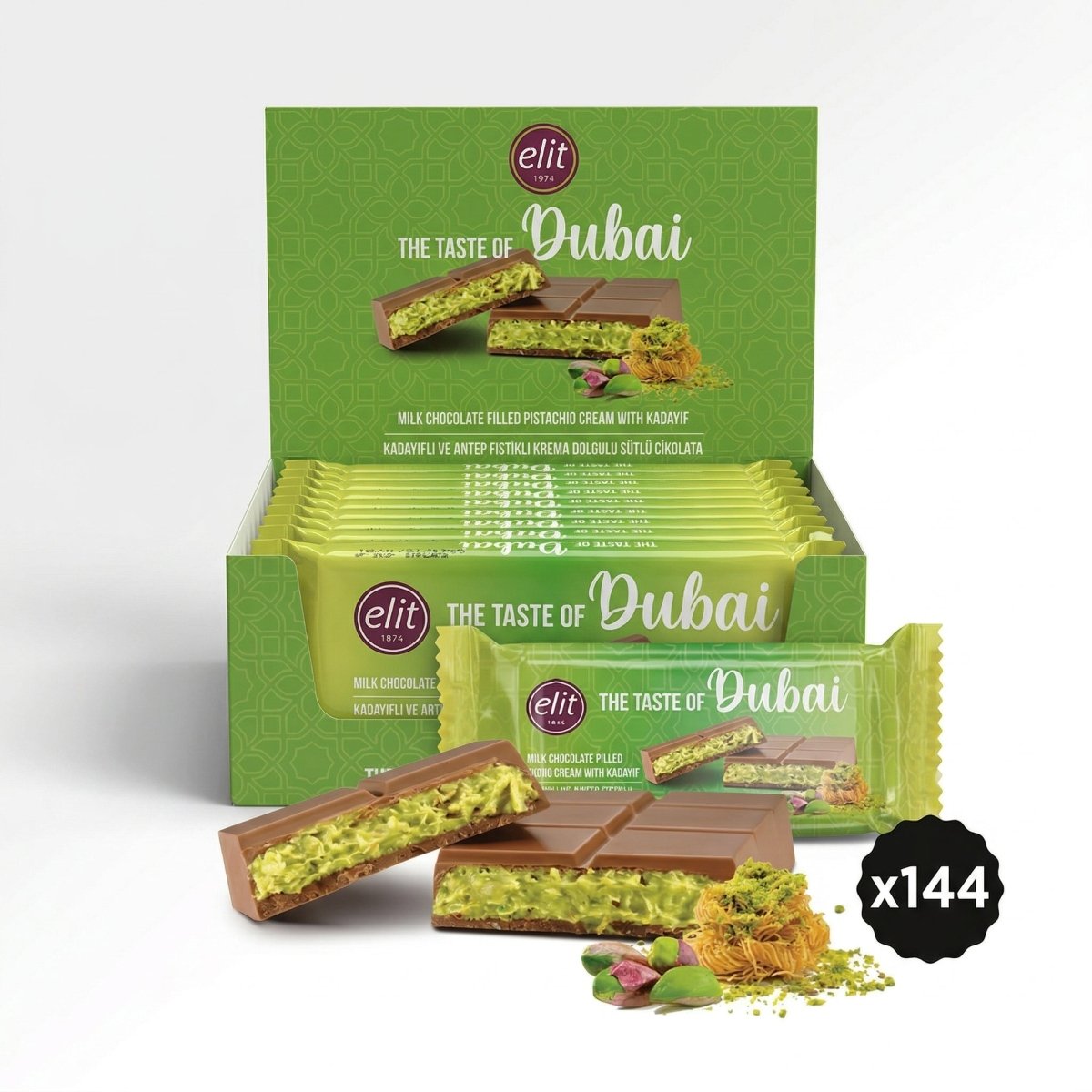 Elit Dubai Chocolate with Pistachio Cream and Crispy Kataifi - 90g - Aladdin Business
