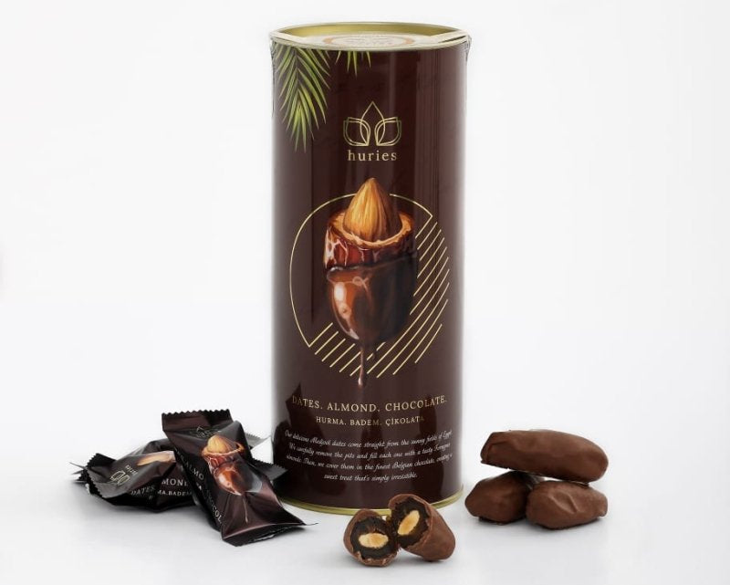 Huries Premium Almond-Stuffed Chocolate Dates -12 Tin Cans x 200g