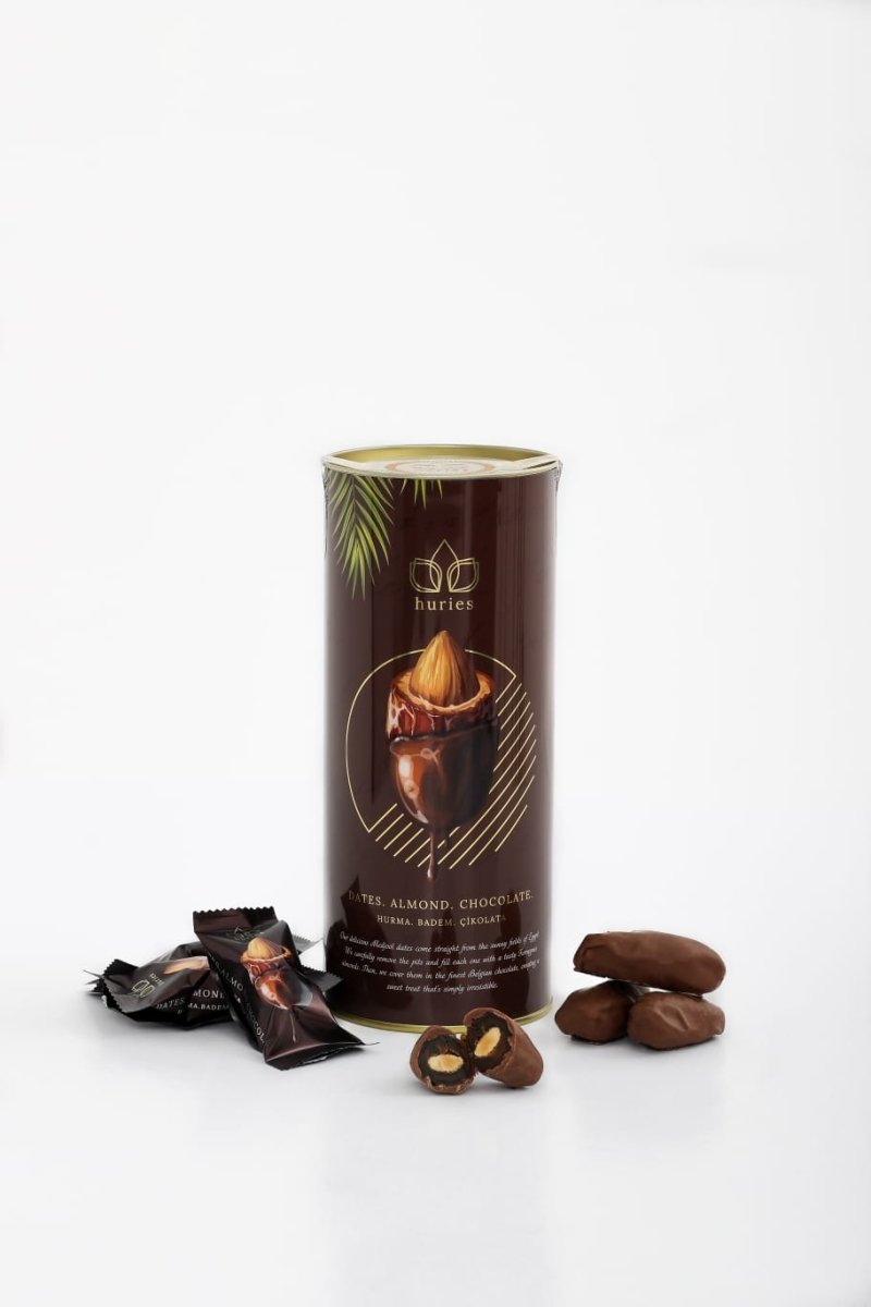 Huries Premium Almond-Stuffed Chocolate Dates -12 Tin Cans x 200g