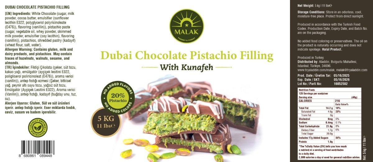 Malak Dubai Chocolate Pistachio Filling with Kunafeh - 20% Pistachio - Aladdin Business