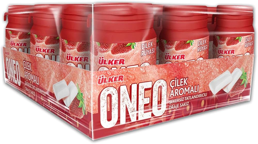 Strawberry Flavored Bottle Shaped Chewing Gum Dragees - 1 Case - 12 Packs x 60g Each