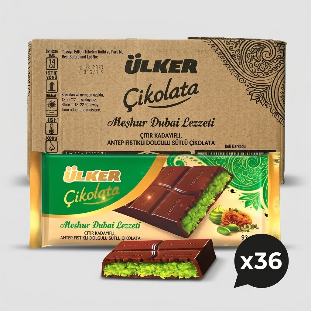 Ulker Dubai Chocolate with Antep Pistachio & Crispy Kataifi - 93g x 36 Pieces