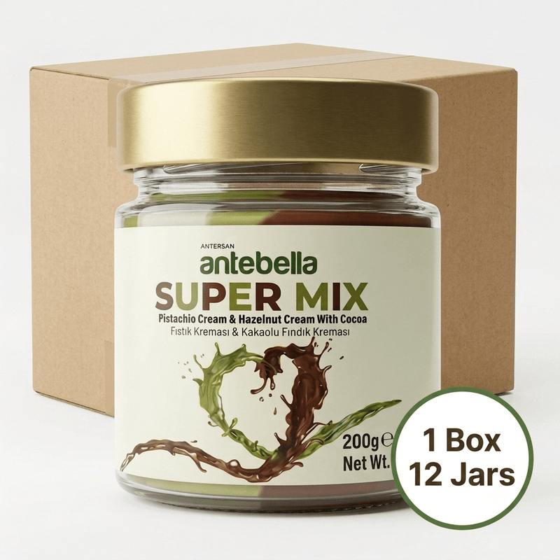 Antebella Supermix (%15 Pistachio & %13 Cocoa Hazelnut) – 1 Box - 12 Jars x 200 g Glass Jar - Aladdin Business