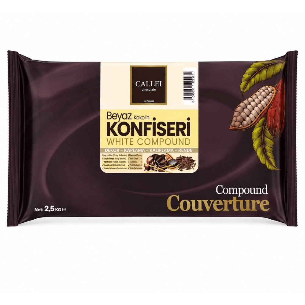 Callei Eko White Compound Chocolate – 1 Case - 8 Packs x 2.5 kg OPP Foil - Aladdin Business
