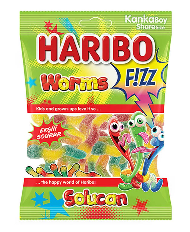 Sour Gummy Worm Candy - 1 Case - 120 Packs x 70g Each