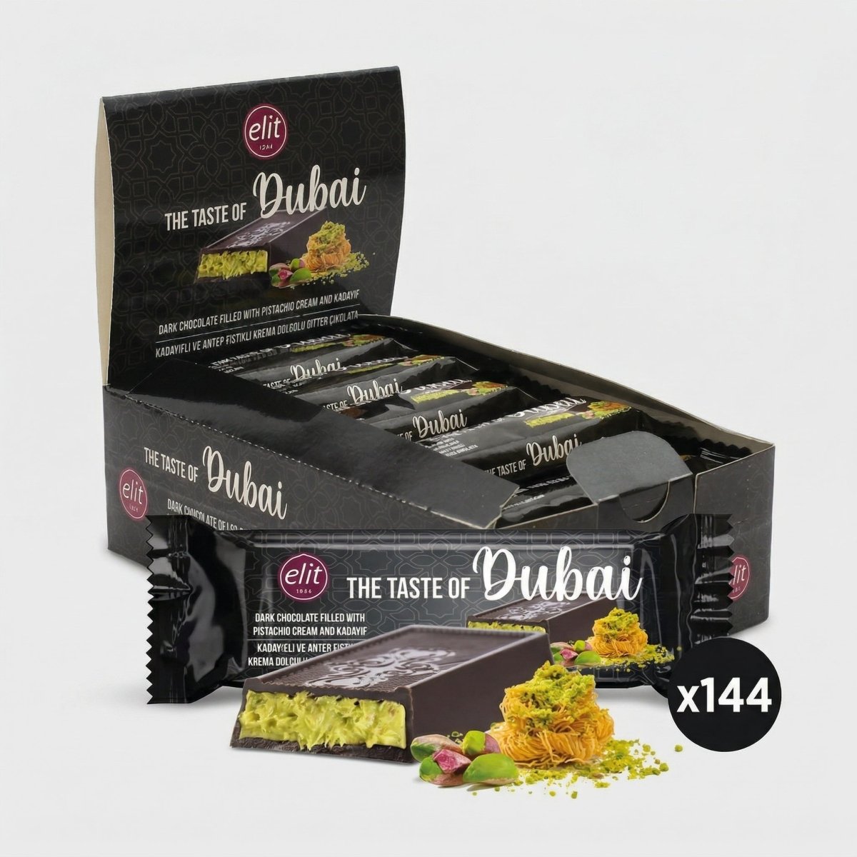Elit Dubai Dark Chocolate with Pistachio Cream and Crispy Kataifi - 30g - Aladdin Business