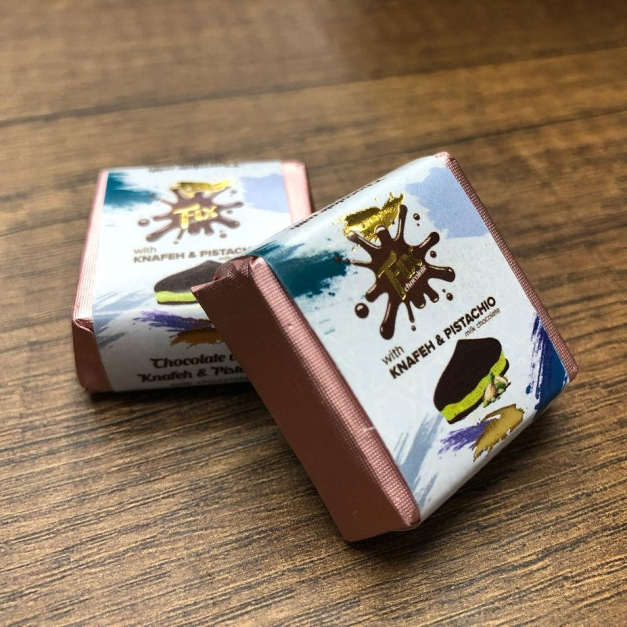 Gourmet Knafeh Pistachio Milk Chocolate Squares - 1 Round Box - 75 Pieces x 14 grams