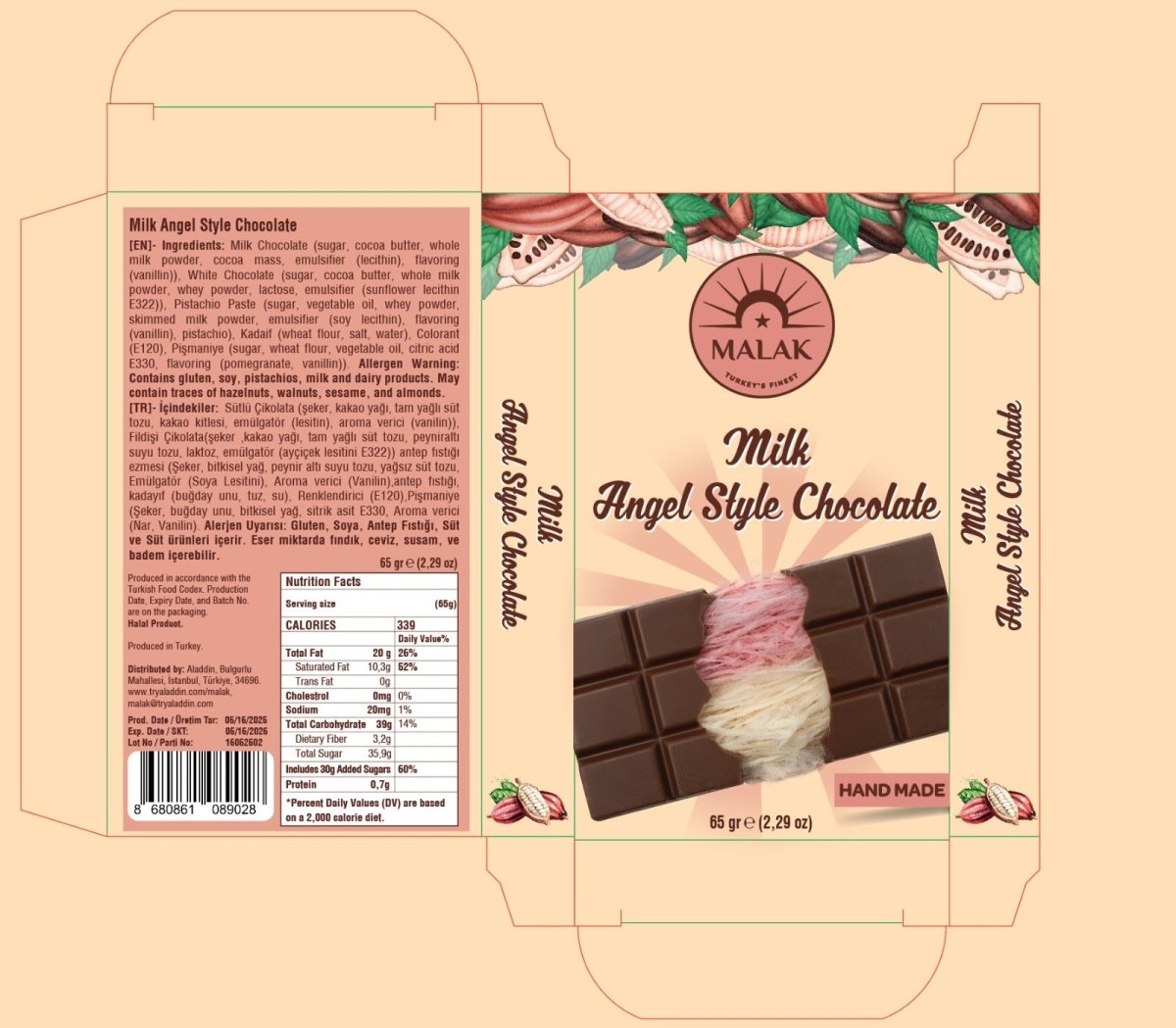 Malak Angel Hair Chocolate with Pistachio & Cotton Candy - 65gr x 12 Pieces
