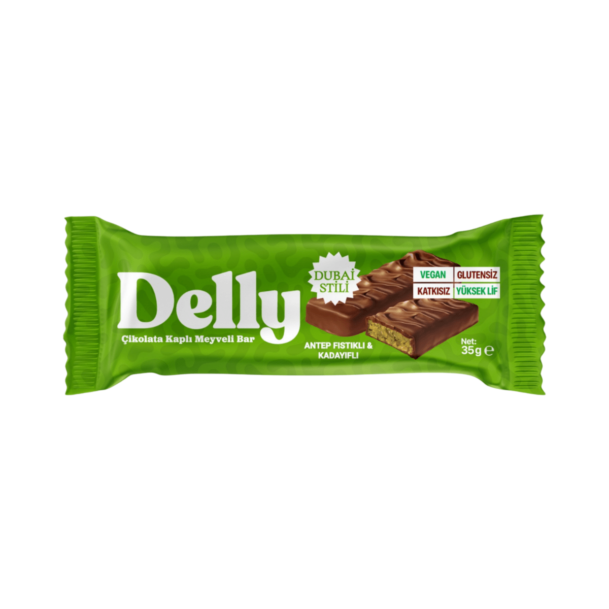 Wholesale Dubai-Style Pistachio & Knafeh Chocolate Covered Fruit Bar - 1 Case - 72 Packs - Aladdin Business